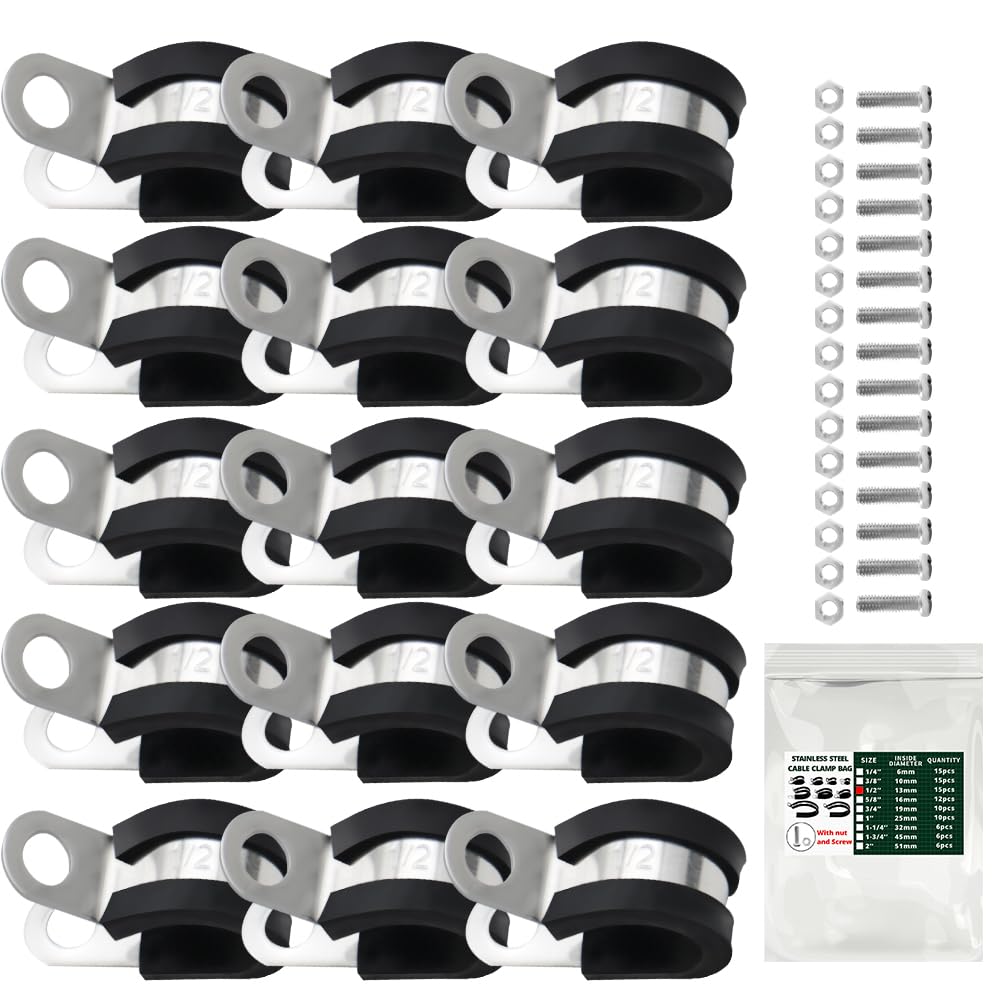 HXH 15PCS 1/2 Inch Wire Clamps Set Accessories Included, Rubber Coated Cable Clamps for Pipe or Wire Cord Installation
