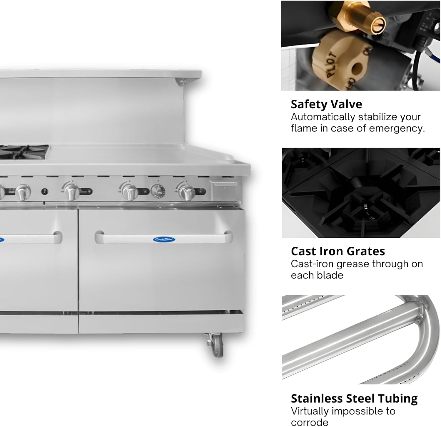 CookRite Commercial Natural Gas Range 4 Burner Hotplates With 36" Manual Griddle 2 Standard Ovens 60'' Restaurant Range - 229,000 BTU