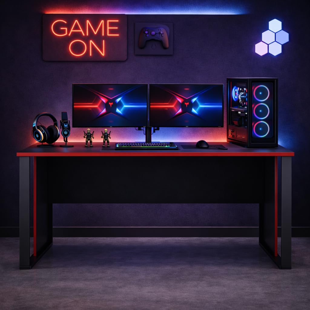 Homidea Vortex stół gamingowy, 150 cm, stół dla graczy ze stabilną ramą, biurko do konfiguracji gier, stolik komputerowy do pokoju młodzieżowego, biura i domowego biura, nowoczesny stół dla graczy