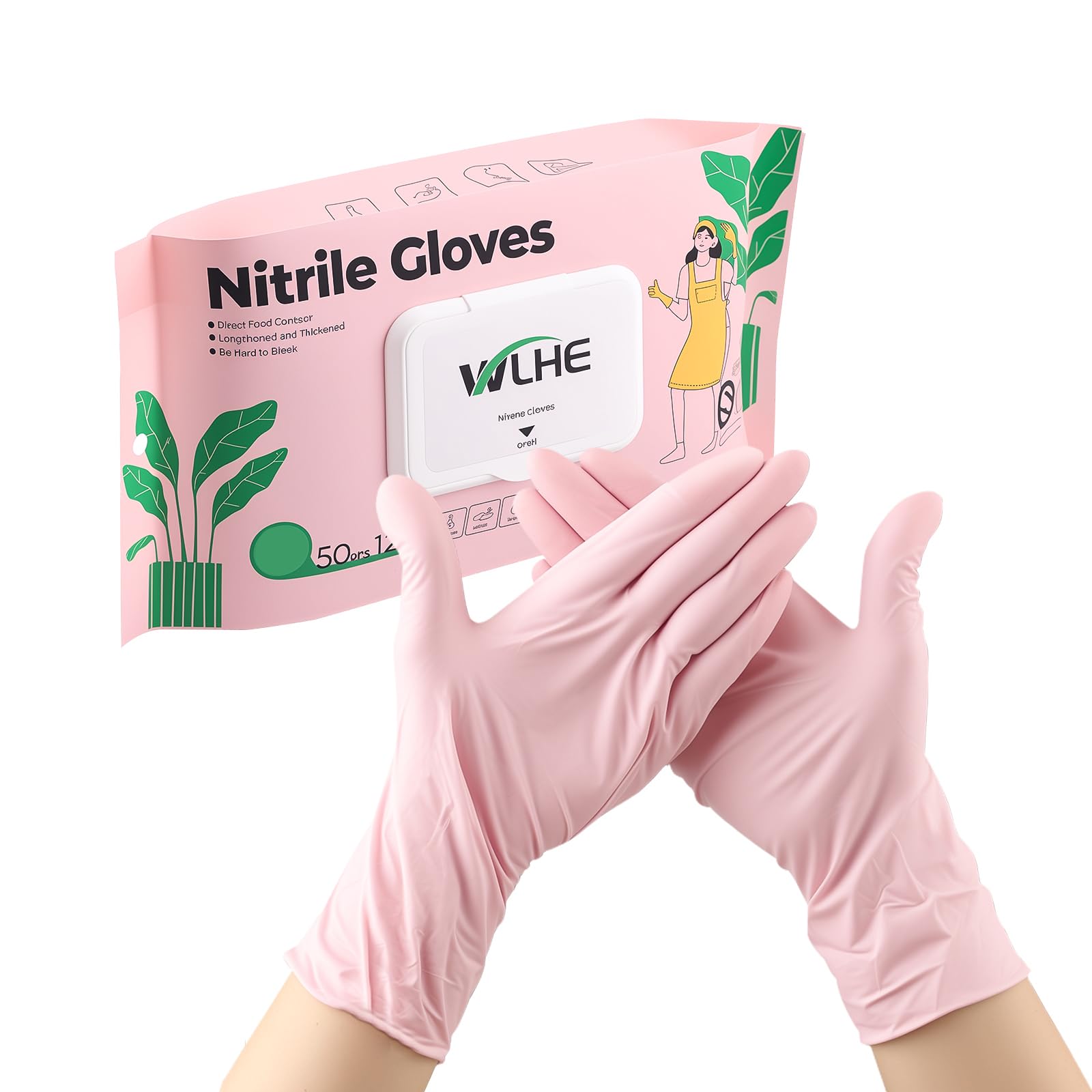 WLHE 12” Long Nitrile Gloves, Disposable Cleaning Glove, Powder Free & Hypoallergenic for Cooking, Household, Pack of 50 (Pink, Medium)