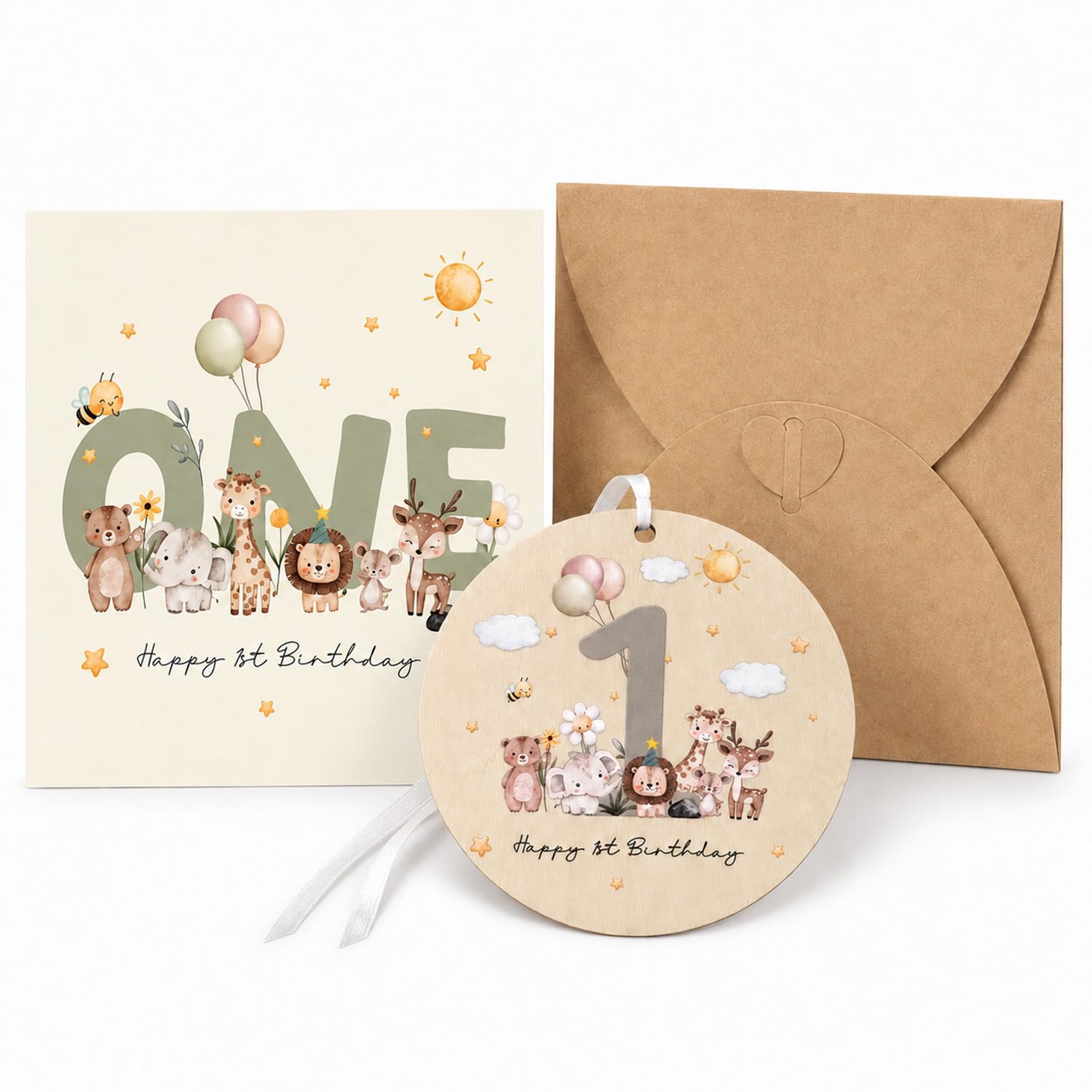 Cute Safari 1st Birthday Card Set for Boys, Happy 1st Birthday Card with Wooden Plaque & Heart Clasp Envelope, Perfect 1st Birthday Gift, 145x145mm