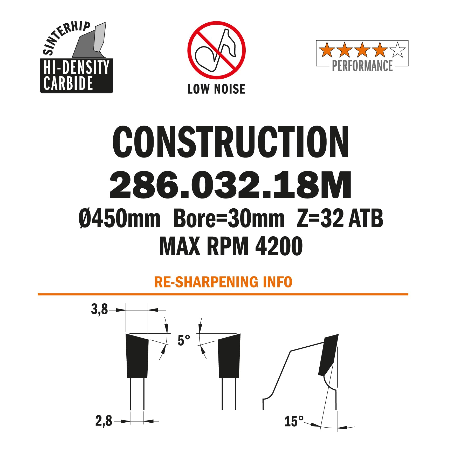 CMT Orange Tools 286.032.18M - Sierra Circular Construccion 450x30x3.8 Z=32 5 ATB
