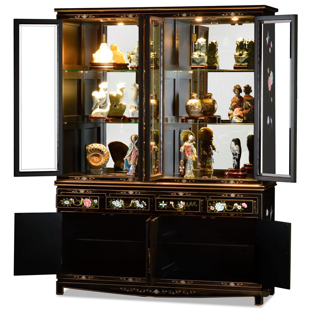 Black Lacquer Oriental China Cabinet with  Mother of Pearl Maidens - Glass Display Cabinets