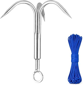 Yiliaw Gaff Hook, Small 3-Claw Stainless Steel Grapple Hook with 50FT Rope | Retrieval Tool, Salvage Equipment, Fishing & Boating Gear, Outdoor Exploration Tool, Lost Item Recovery