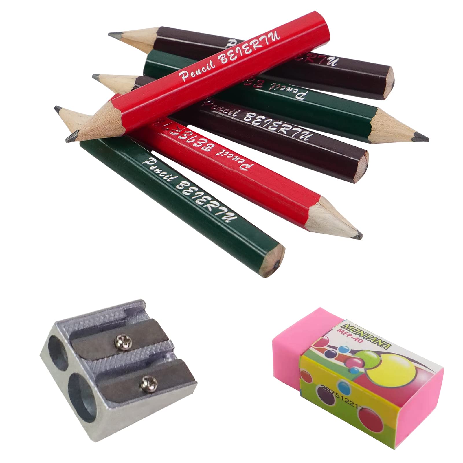 BEIERTU children's drawing, painting and writing short hexagon pencils suitable for 2-7 years old preschool kindergarten mini wooden pencils(3 colors 6 mixed, rose red, dark brown, dark green)