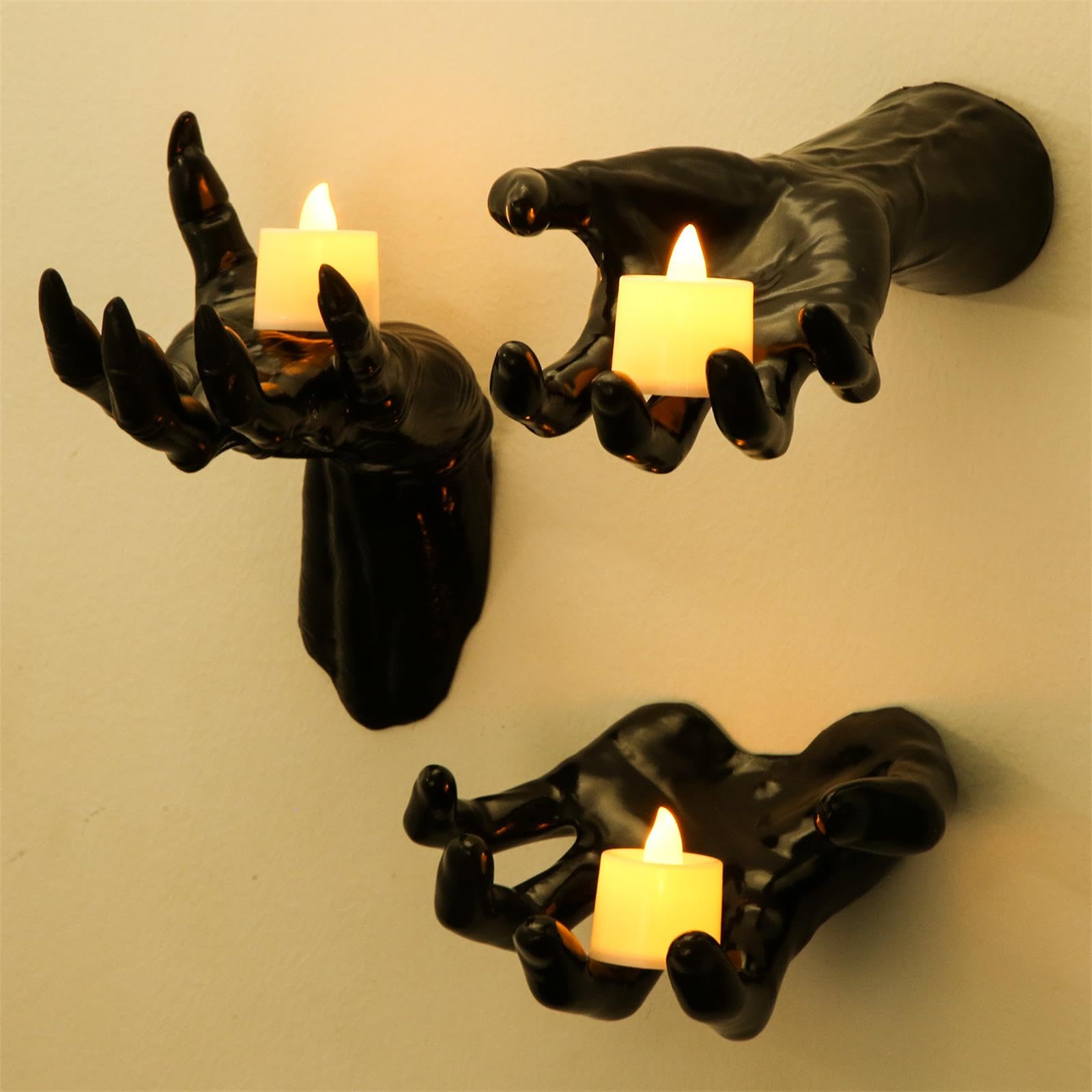 PEUTIER 3 mani raccapriccianti da parete, diverse dimensioni, mani spettrali, decorazione da parete con candele e mani, appendiabiti da parete, spaventose decorazioni di Halloween per interni