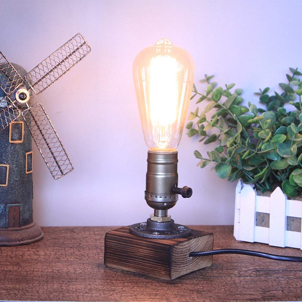 Lampe De Bureau Industrielle Base Edison Loft Vintage LED Lampes De Table De Bureau Chevet Lampes De Bureau en Bois Antique Table De Chevet pour Café Chambre Salon