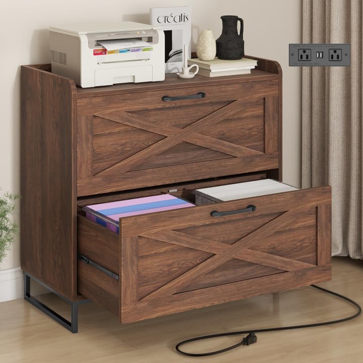 Halitaa File Cabinet 2 Drawers Lateral File Cabinet with Charging Station for Letter/Legal/A4 Size Hanging Files, Large Wood File Storage Cabinets Printer Stand for Home Office, Dark Walnut