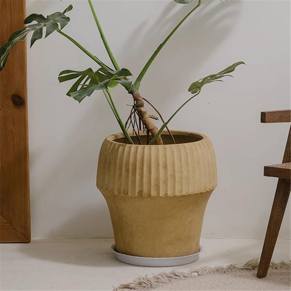 pot de fleur Jardinière ronde couleur chameau avec stries avec trou de drainage, pot de fleur en argile de magnésium, for plantes, fleurs, récipient intérieur et extérieur cache pot ceramique
