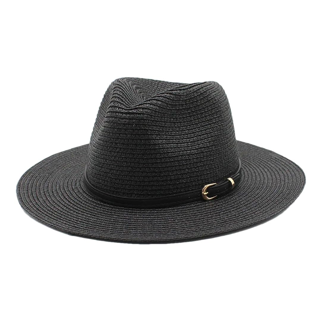 EYRMQWJPC Wide Brim Sun Hat, Women Wide Flat Brim Panama Straw Sun Hat With Belt Multicolor(Black)