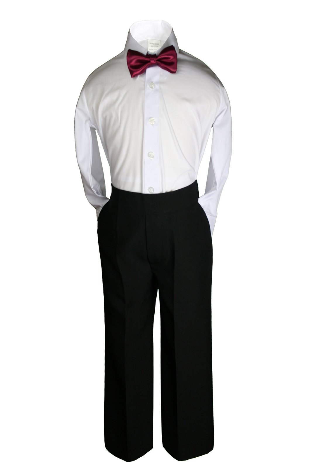 Unotux 6pc Boy Black Formal Satin Shawl Lapel Suits Tuxedo Extra Burgundy Bow Tie SM-18 (L:(12-18 Months))