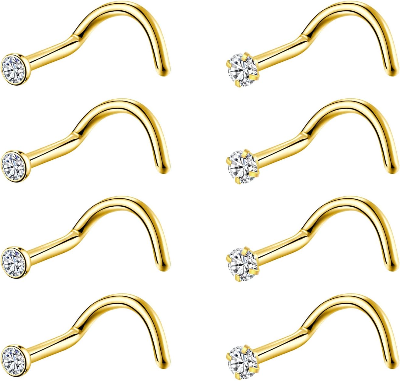 8PCS G23 Titanium Twist Screw Nose Studs 18G 20G Nose Rings 2mm 2.5mm 3mm Clear Pink Purple Aurora CZ Gold Nose Piercing Studs Nostril for Women Men