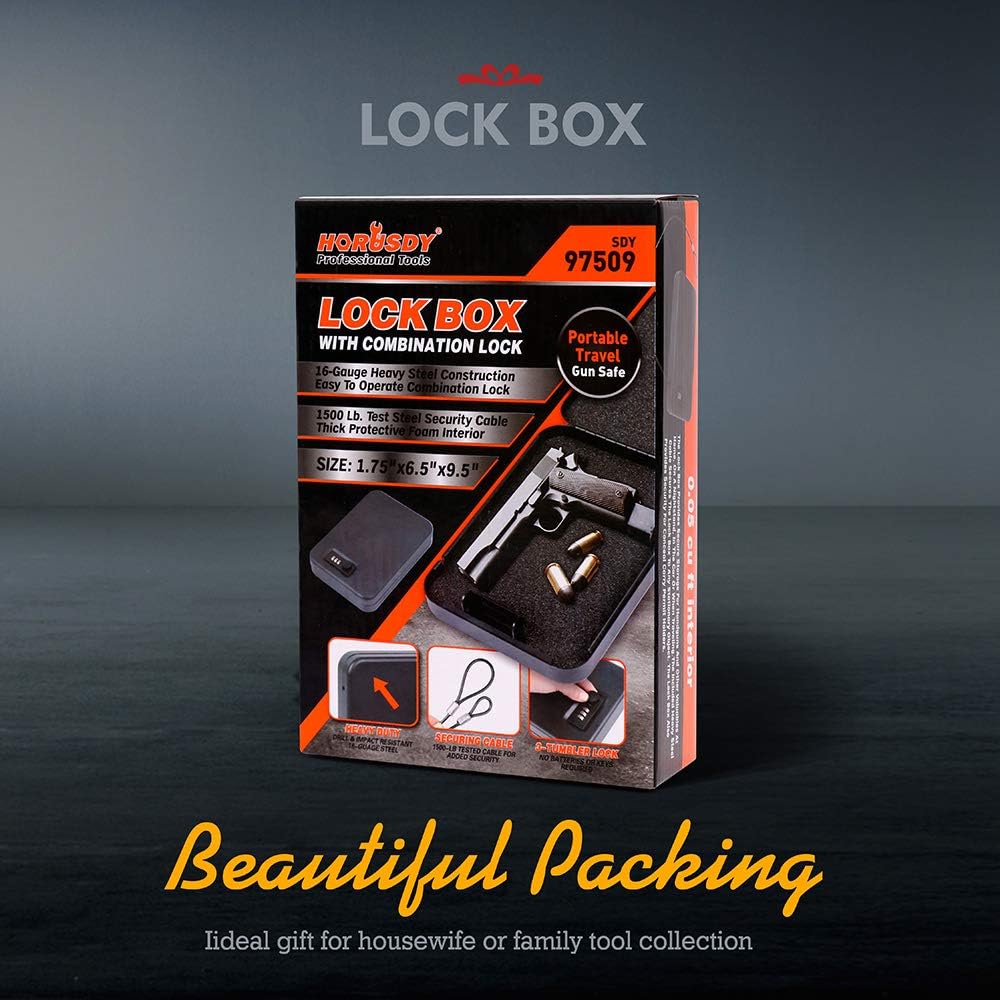 HORUSDY Lockbox for Guns and Valuables,Portable Security Case Lock Box Safe with Combination Lock