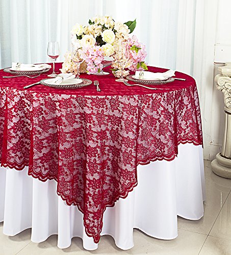 Wedding Linens Inc. 72 in x 72 in Lace Table Overlays, Lace Tablecloths Square, Lace Table Overlay Linens, Lace Table Toppers for Wedding Decorations, Events Banquet Party Supplies - Apple Red