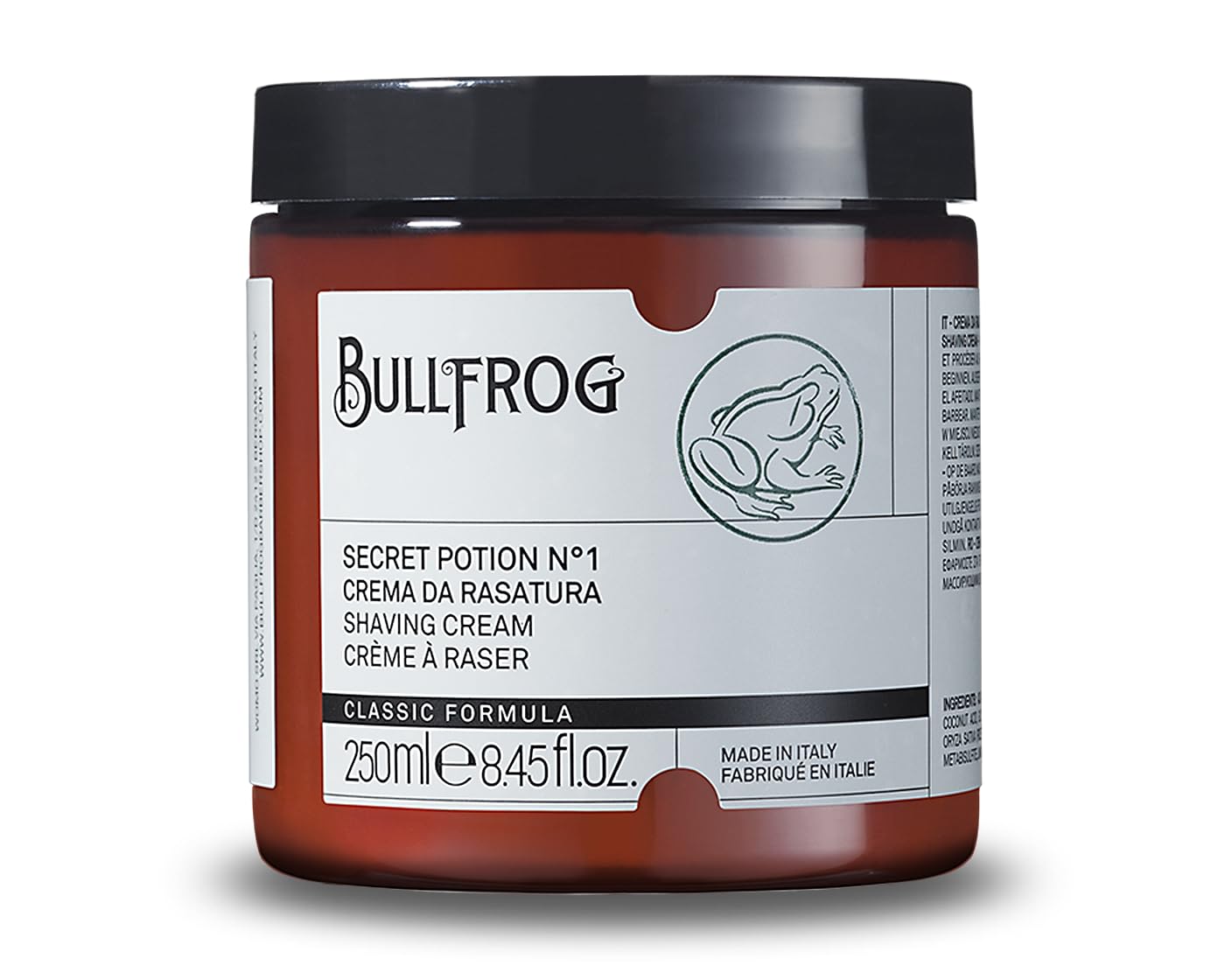 Bullfrog Crema da Rasatura Secret Potion N.1"Classic" 250 ml - Ammorbidisce la Barba - Lascia la Pelle Fresca e Liscia - Note Legnose, Aromatiche e Ambrate, Made in Italy