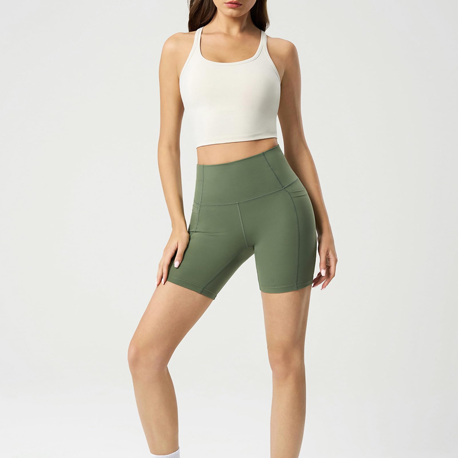 Mo Joc Women's Workout Shorts with Pockets - High Rise Compression Athletic Shorts for Hot Yoga, Tennis & Summer Training Green