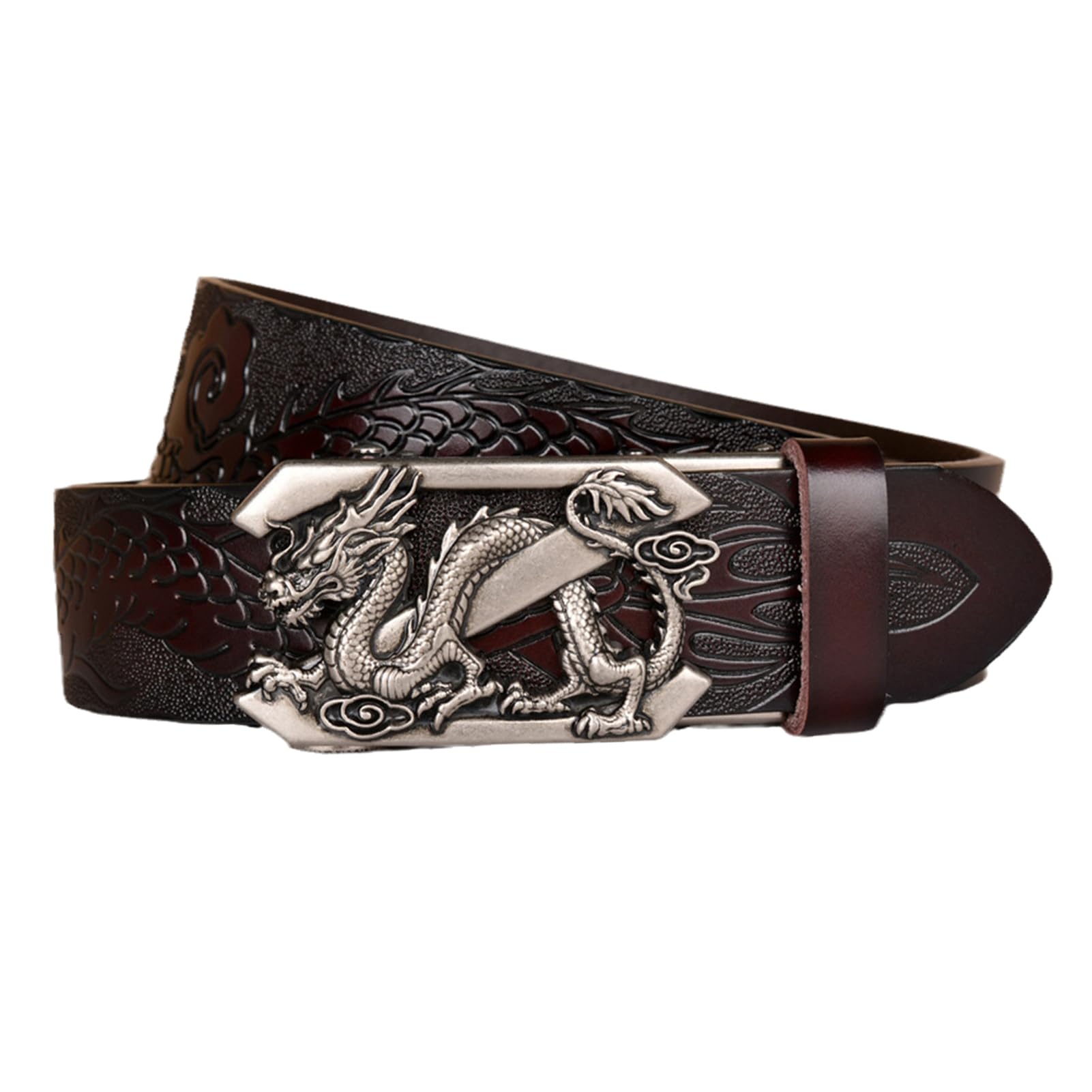 Cinturón De Trinquete Cuero Vaca Genuino, Hebilla Automática Grabada Con Dragón, Deslizante Informal Ajustable (cintura 115 Cm/39 Pulgadas, Negro)