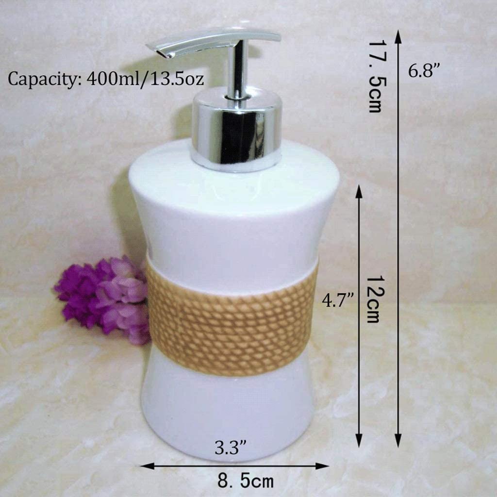 Distributeur de Savon en céramique avec Pompe, Blanc, Aspect Bois, antidérapant, pour la Douche, la Cuisine ou la Salle de Bain, 400 ML.