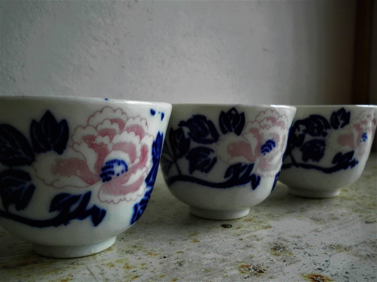 たち吉金箔を使った手描き植物模様の茶碗5個セット木箱説明書付き