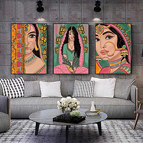 Toile indienne portrait femme 60x80cm triptyque moderne sans cadre