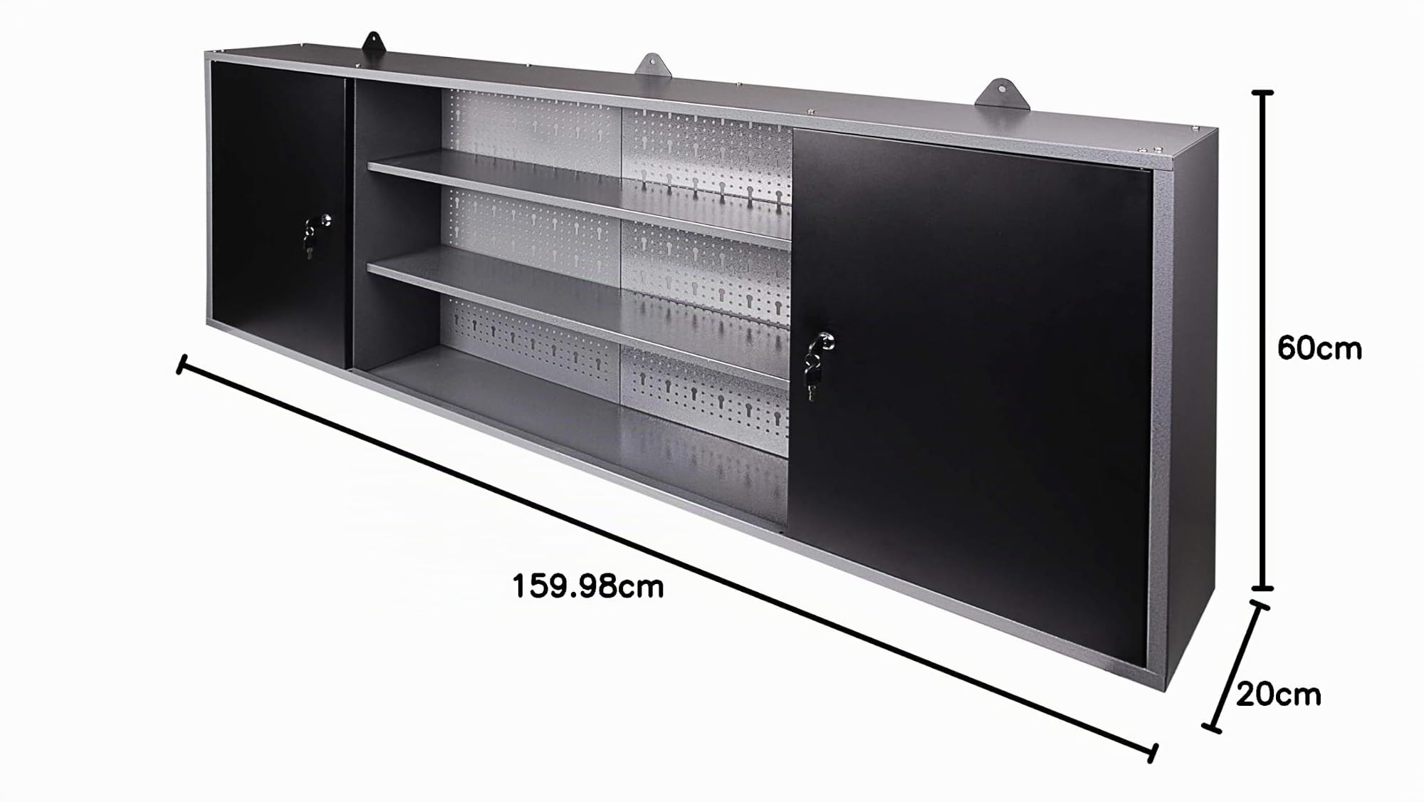 Ondis24 Armoire à outils en métal 160 x 16 x 60 cm 2 portes verrouillables, armoire suspendue avec étagères, noir