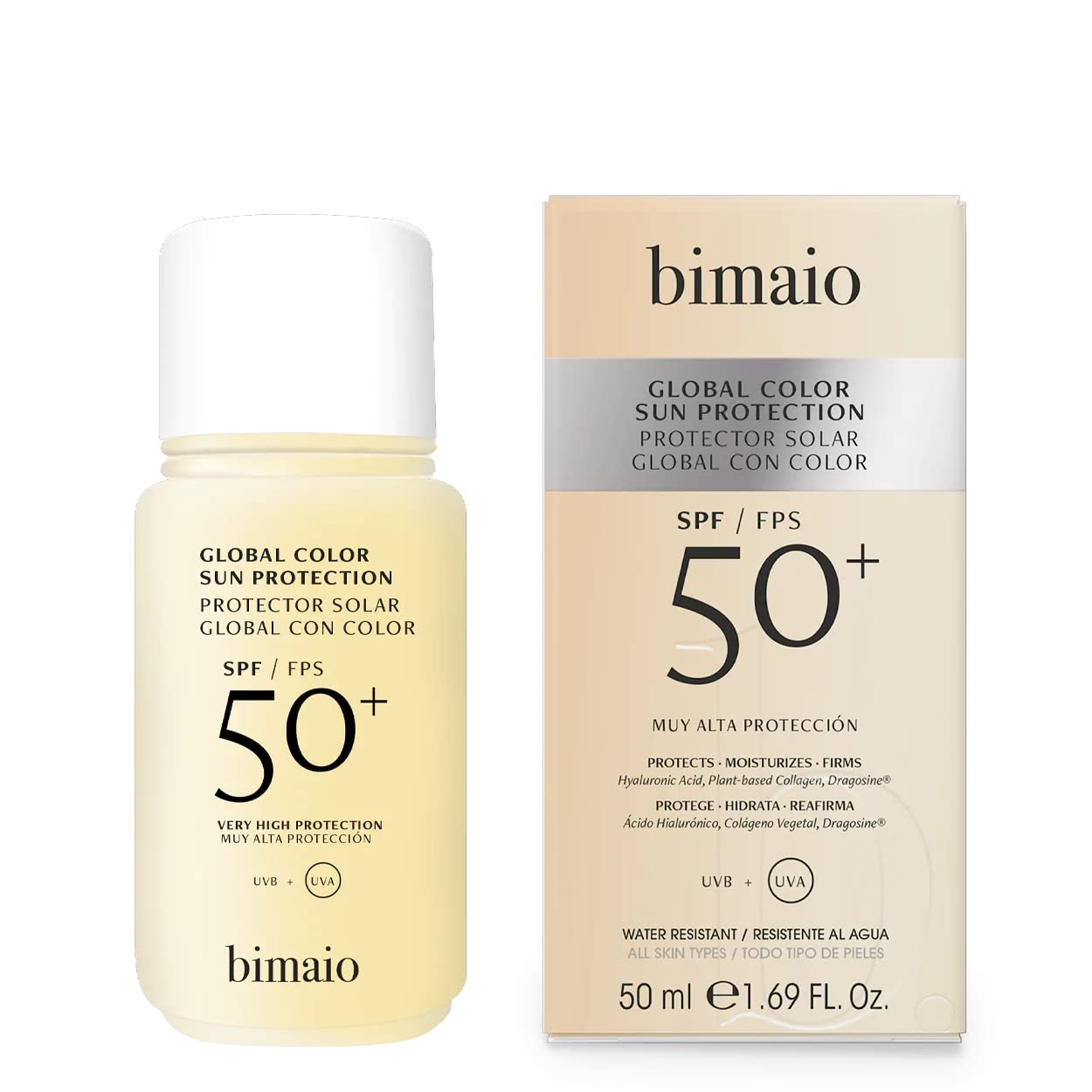 BIMAIO Protector Solar Facial FPS50 | Con Color |Colágeno y Ácido Hialurónico | Apto para todo tipo de piel | 50ml (Con Color)