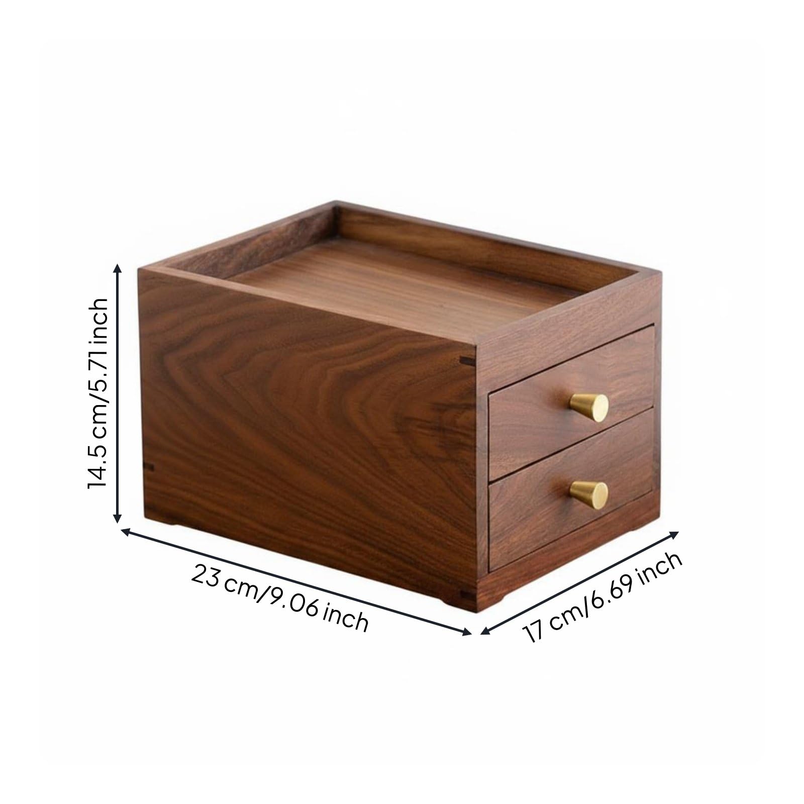 Cassettiera a Doppio Cassetto Organizer Scrivania Legno Compatto Box Portaoggetti Vassoio Incassato Manopole Ottone Adatta per Soggiorno Ufficio Toeletta