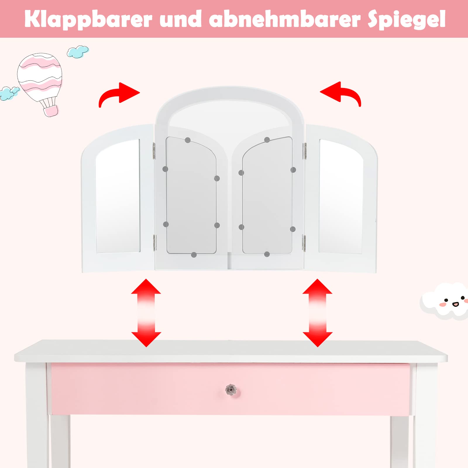 GOPLUS 2 in 1 Kinder Schminktisch, Frisiertisch & Stuhl, Kosmetiktisch mit Abnehmbarem 3-Fach-Spiegel & Schublade, Gepolsterter Hocker, aus Holz, im Landhausstil, Kinderschminktisch für Mädchen (Weiß)