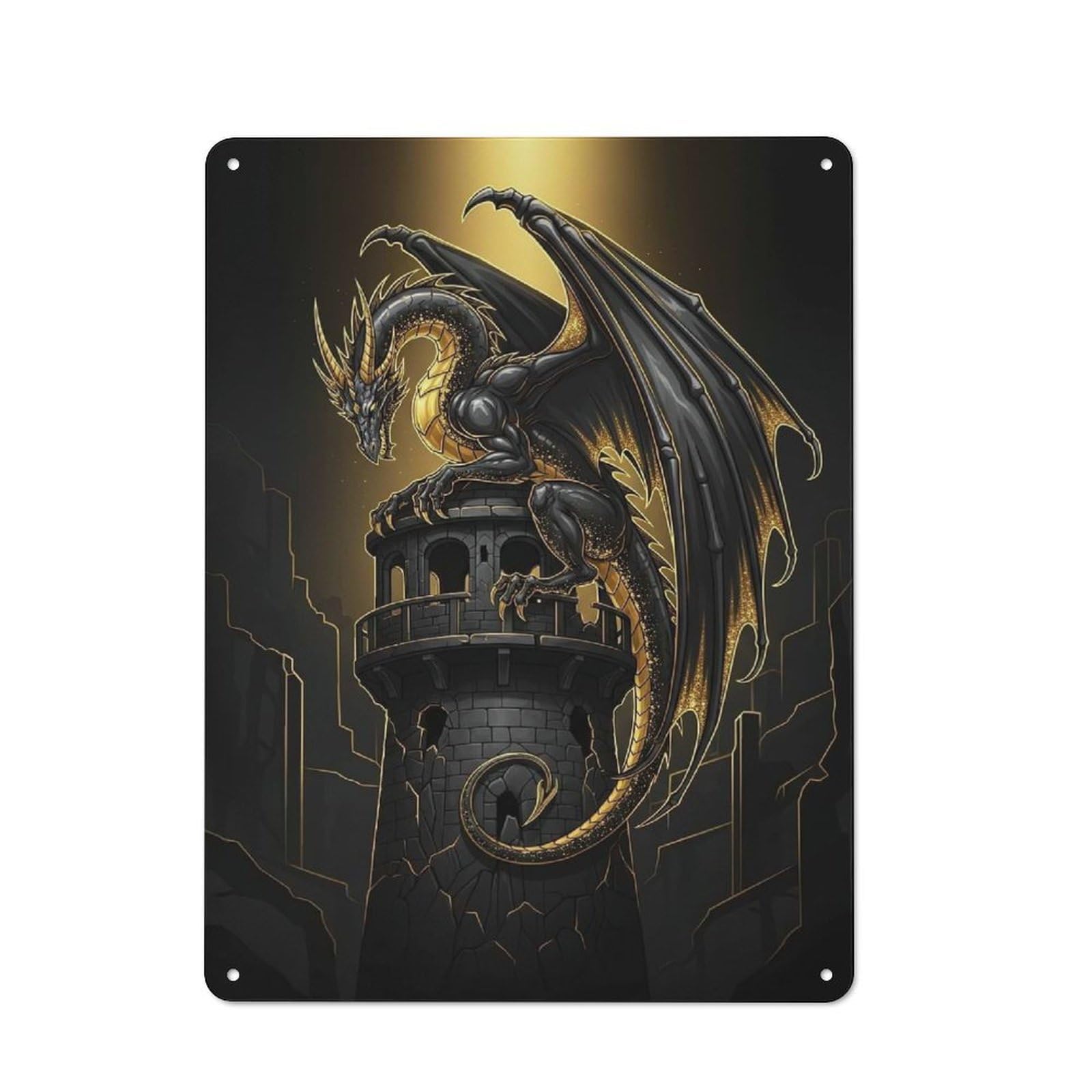Junmoney Style-11 40X30cm Retro Tin Sign With Black And Gold Dragon On Tower For Living Room Wall, Housewarming Present For People Styling Living Room