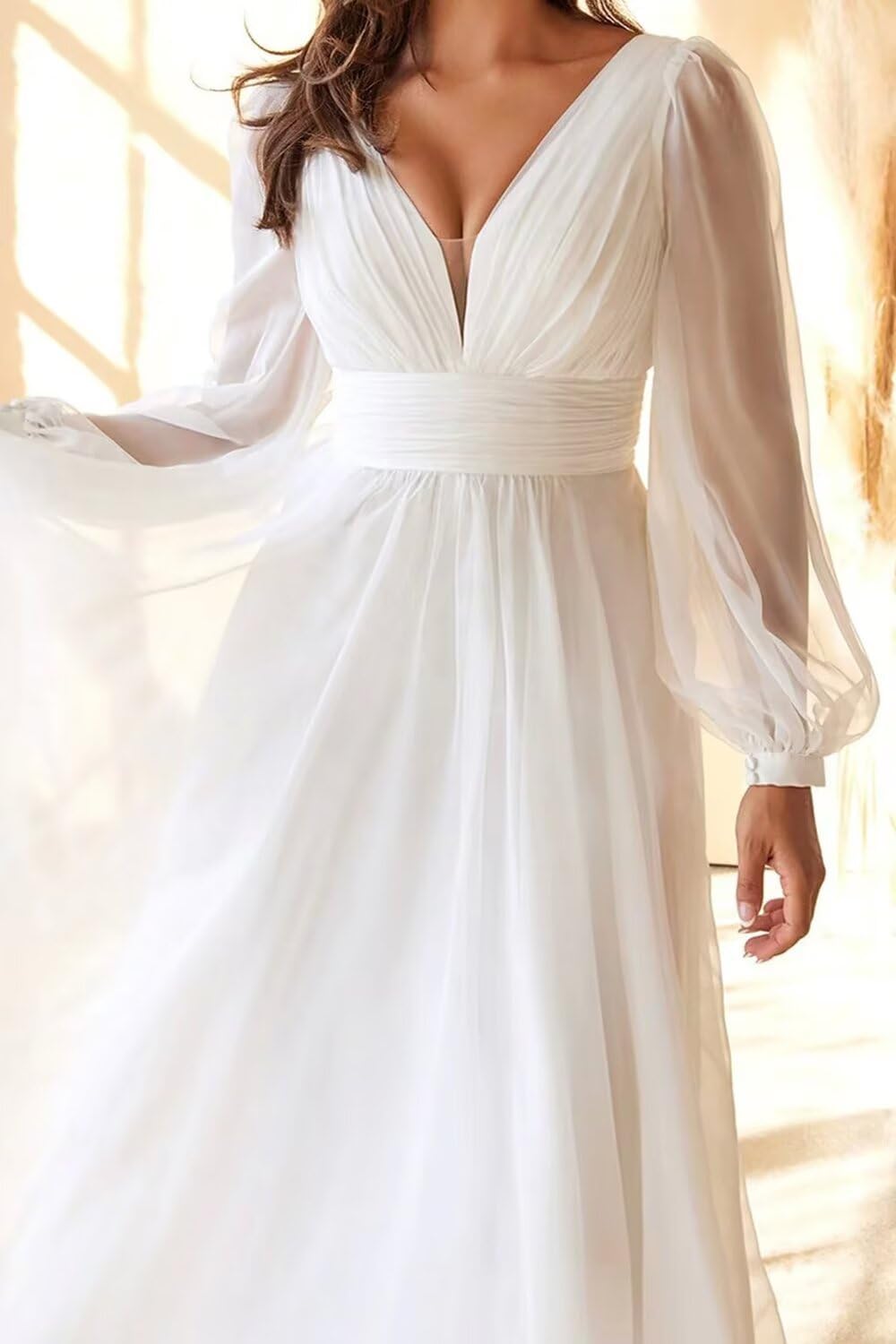 Womens Long Sleeve Wedding Dresses for Bride Chiffon A Line Sexy V Neck Simple Bridal Party Dress