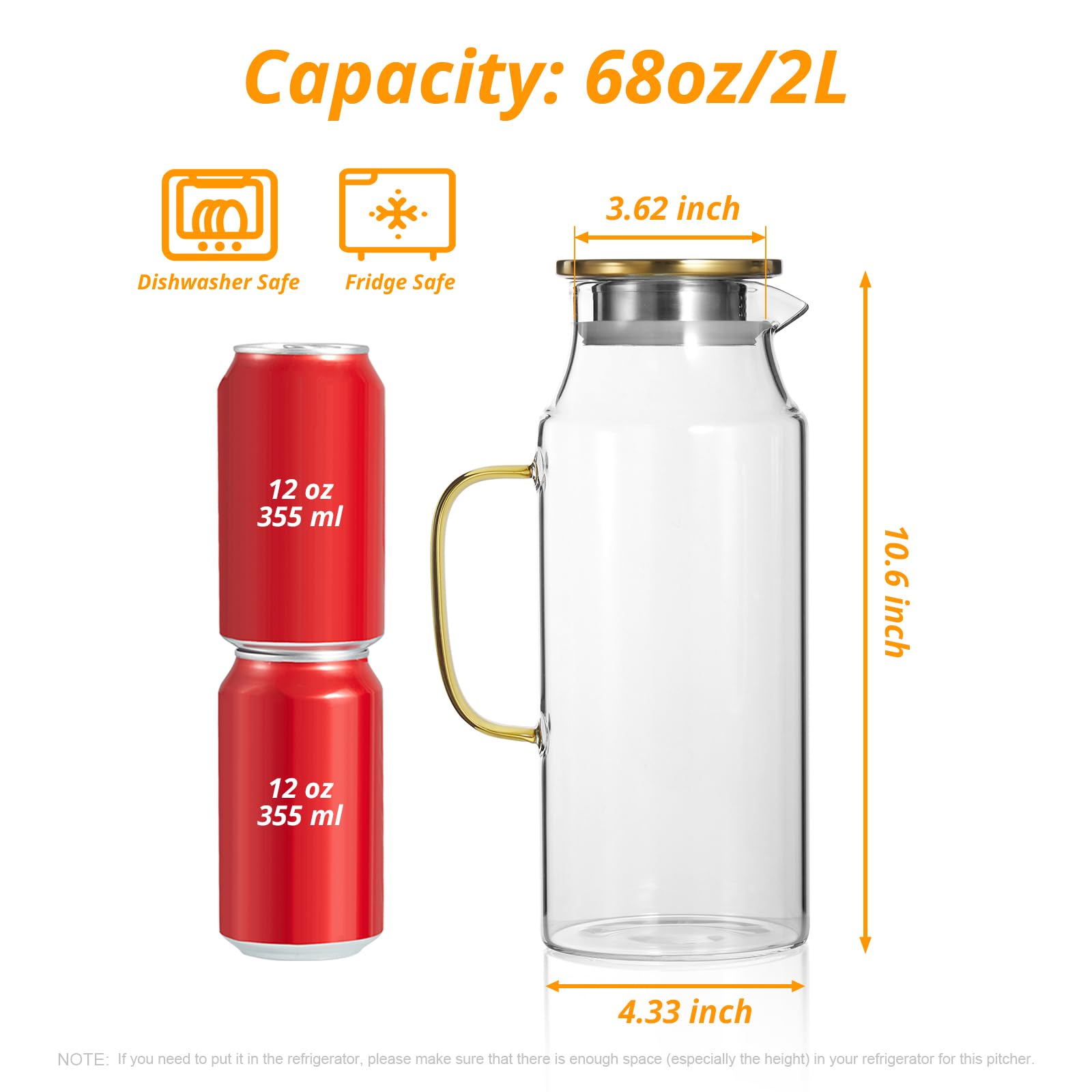 Lot de 2 pichets en verre de 2 litres avec couvercle et bec verseur, carafe à eau en verre pour réfrigérateur, carafe en verre pour eau chaude/froide, grande carafe pour thé glacé, café, jus et