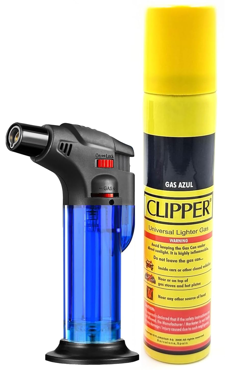 VIOVI Blow Torch Lighter with 100ml Clipper Lighter Butane Gas Refill Can I Refillable Single Jet Flame Windproof Multi Utility Gas Lighter for Kitchen Candle Fireworks Camping Grill BBQ (Blue)