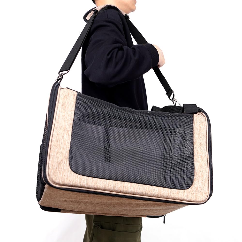 Trasportino per cani e gatti, borsa porta-cane traspirante per animali domestici, trasportino da viaggio con ventilazione, tasche laterali, due porte con tracolla per auto (Marrone, 35x40x45cm)