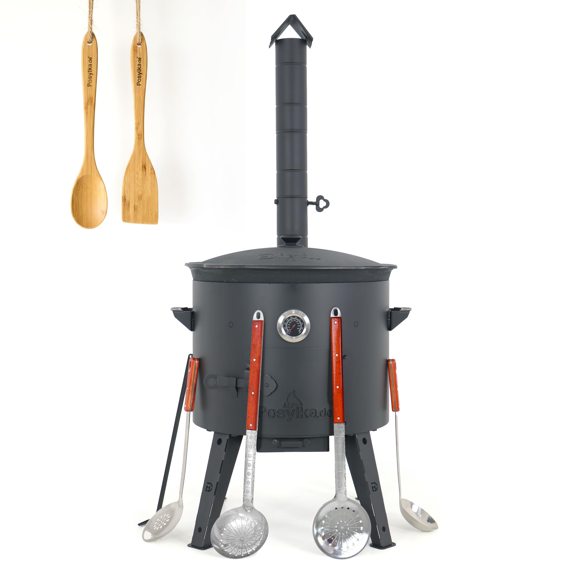 Utschak Feuerofen Ø 49 cm Gusseisen Topf 22 L Ø 52,7 cm Kazan-Set mit Deckel Outdoor Feuerschale Dutch Oven Usbekischer Kochtopf aus Gusseisen für Grill Plov