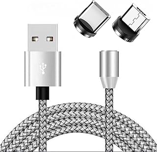 マグネット式 充電ケーブル Type-C/Micro USB 急速充電対応 高耐久ナイロン編み 2端子セット【1m】 (シルバー)