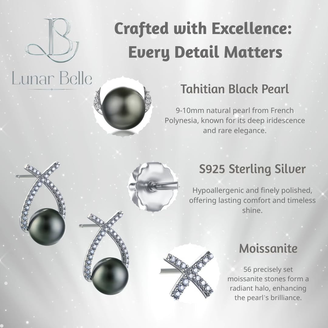 Lunar Belle 10mm Tahitian Black Pearl Halo Stud Earrings with Moissanite in Sterling Silver, Chic Jewelry Gifts for Women (Sea Bloom Halo) - Image 4