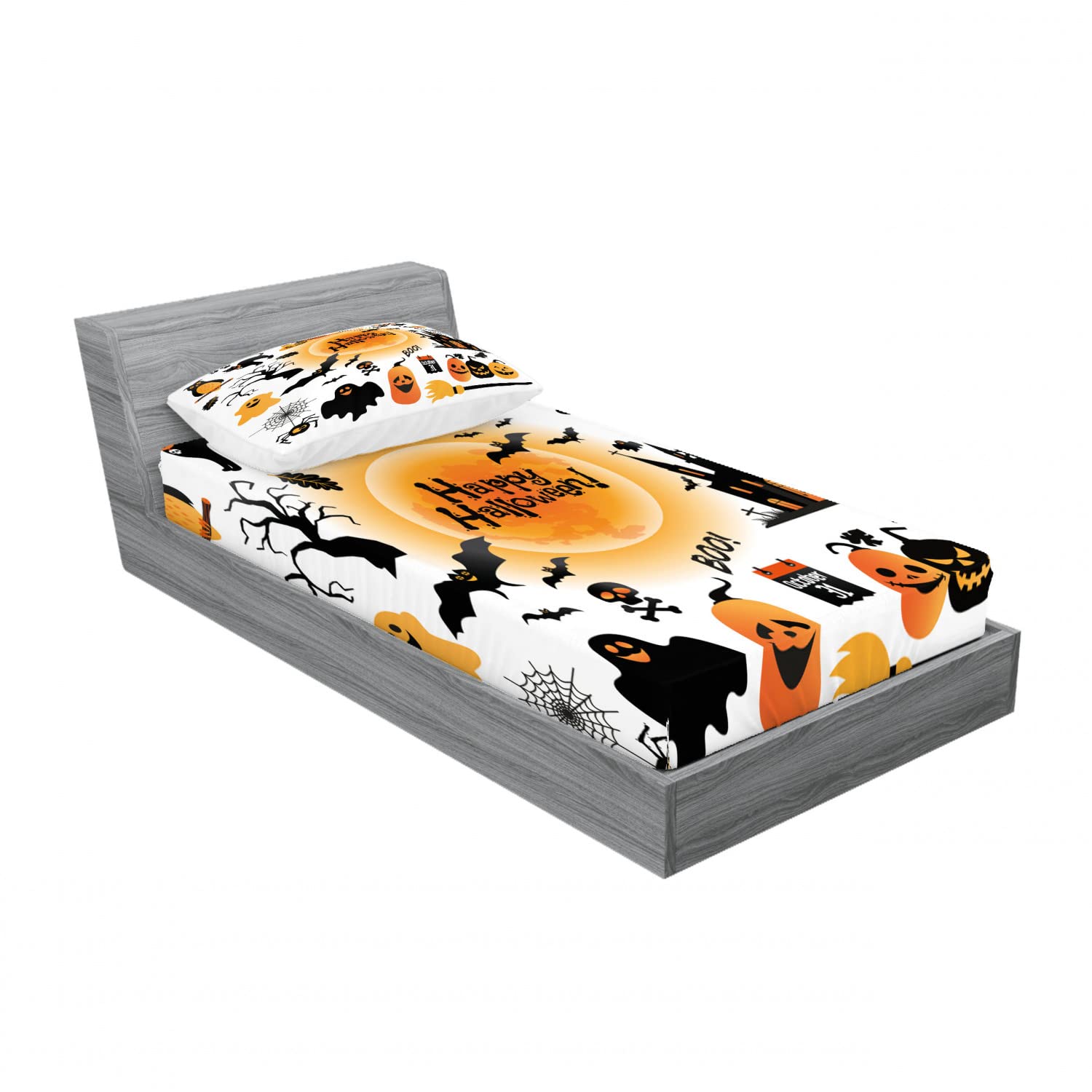 Ambesonne Halloween 2 Pack Fitted Sheet & Pillow Sham Set, Happy Ghost, 4 Pcs Bedding Decor, Package Contains 2 Twin Size Fitted Sheets & 2 Pillow Covers, Orange Black