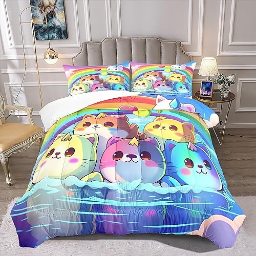 Cat Comforter Set for Girls – Cartoon Pet Cats Pattern Twin Comforter Set 2Pcs Bedding Set Printed Ultra Soft Microfiber Cat Comforter with 1 Pillowcase Animal Themed Kawaii Room Decor, Twin Size