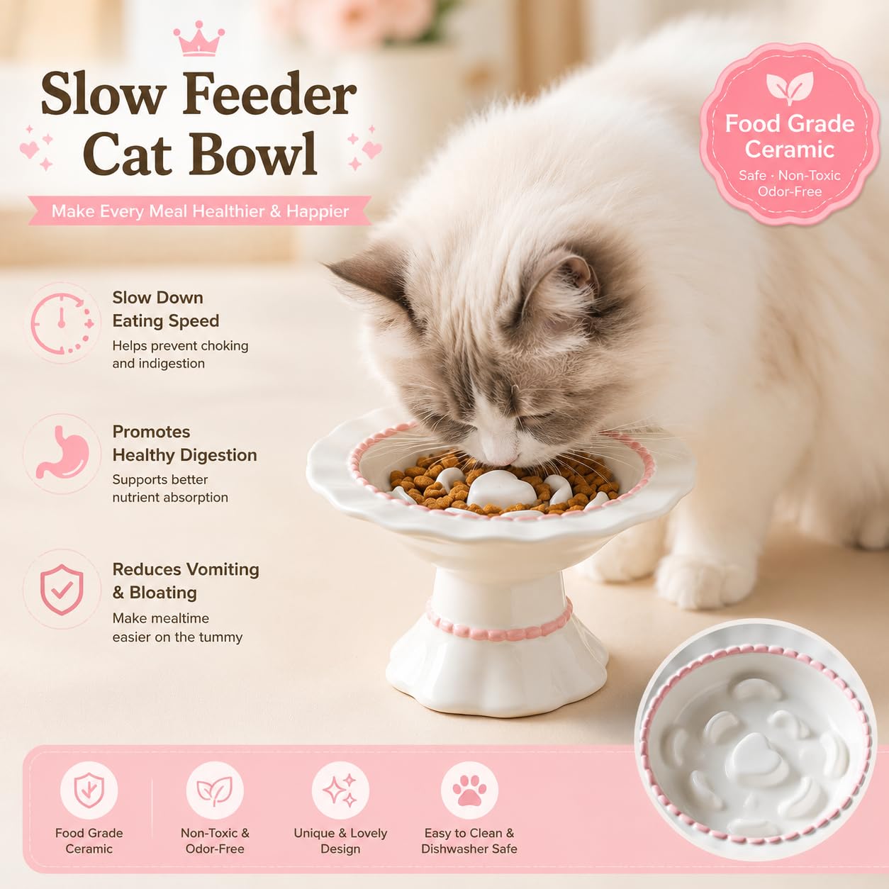 Lot de 2 gamelles surélevées en céramique pour chat avec alimentation lente et eau - Protection du cou - Anti-étouffement - Décoration d'intérieur élégante et cadeau pratique pour les parents