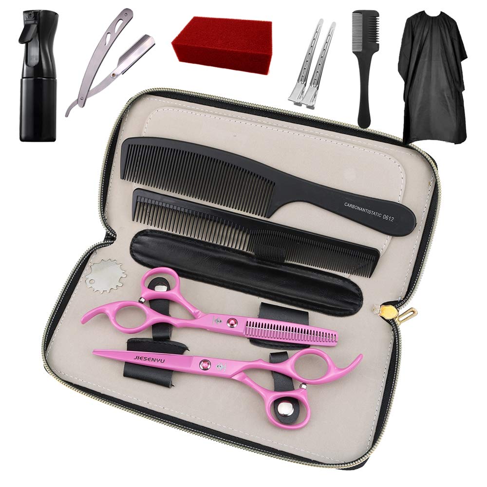JIESENYU Tijeras de peluquería profesional de alta gama de 6 pulgadas, acero 440C, color rosa (juego de 3)
