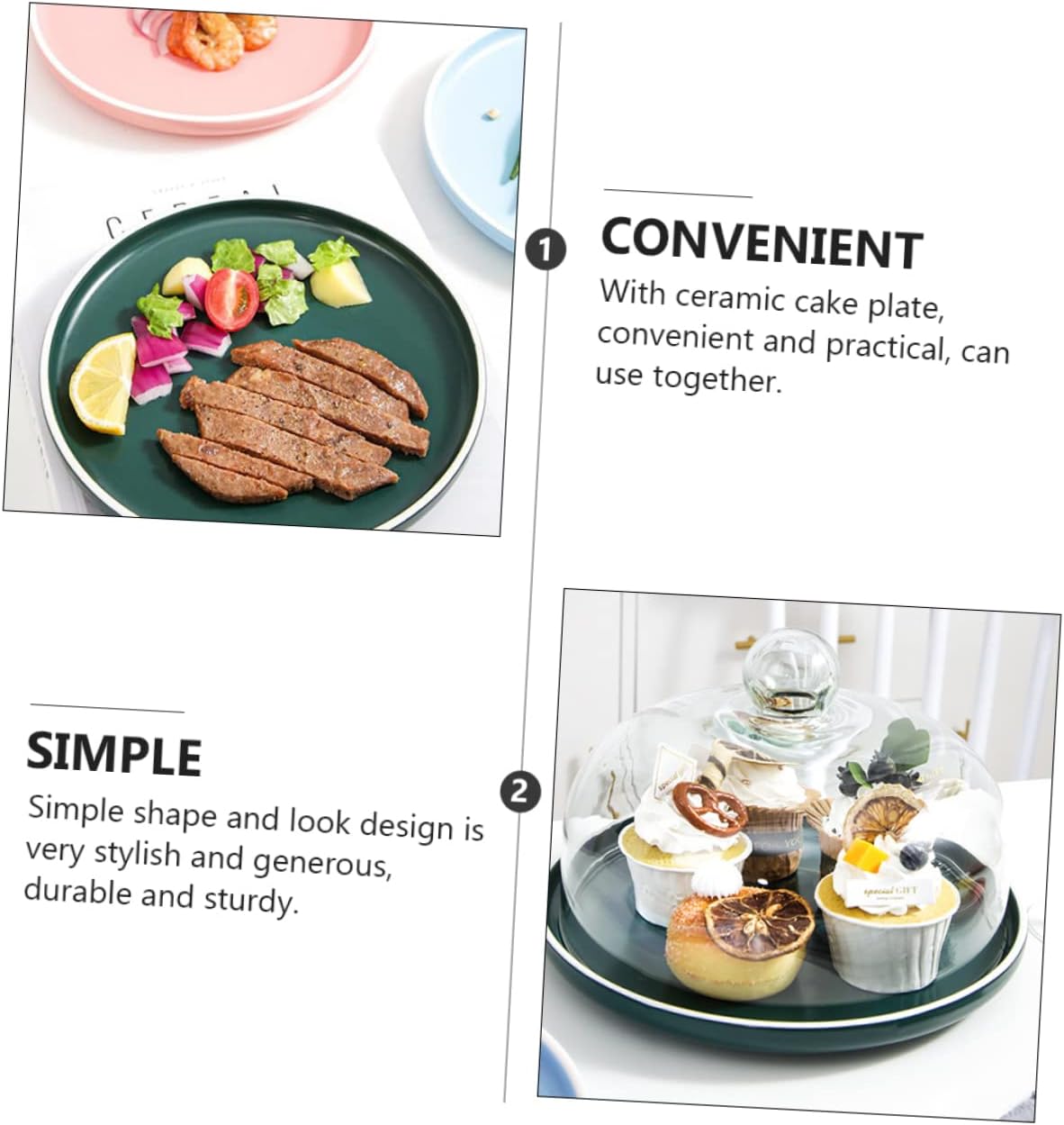 Ciieeo Ceramic Round Dessert Plate with Lid Matte Finish European Style Serving Tray Gold Trimmed 1-Piece Set for Cakes and Fruits