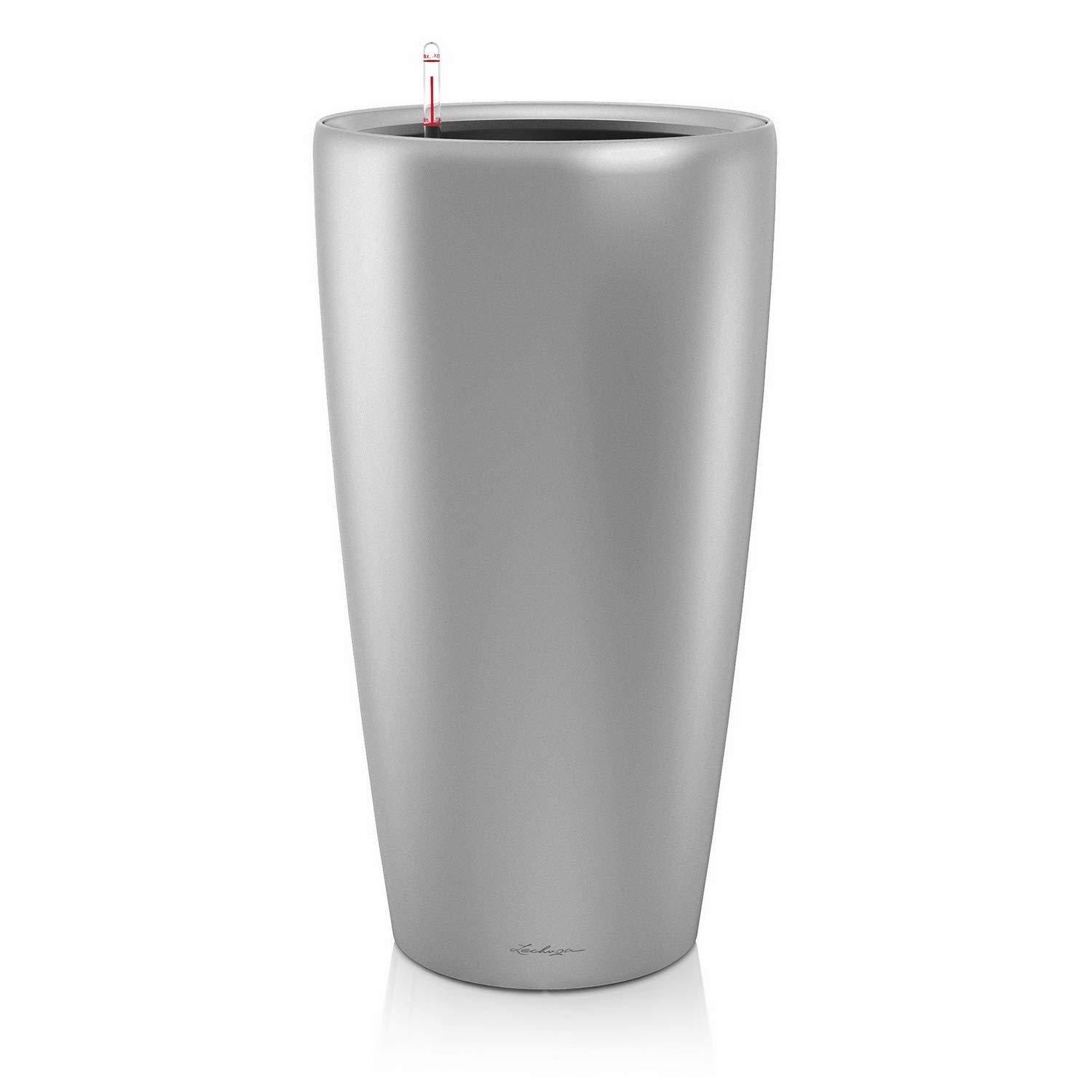 Lechuza Rondo 40 Self Watering Planter Large Garden Flower Plant Pot Indoor/Outdoor Floor Planter with Drainage Hole and Plant Substrate Poly Resin D40 H75 cm Silver Metallic