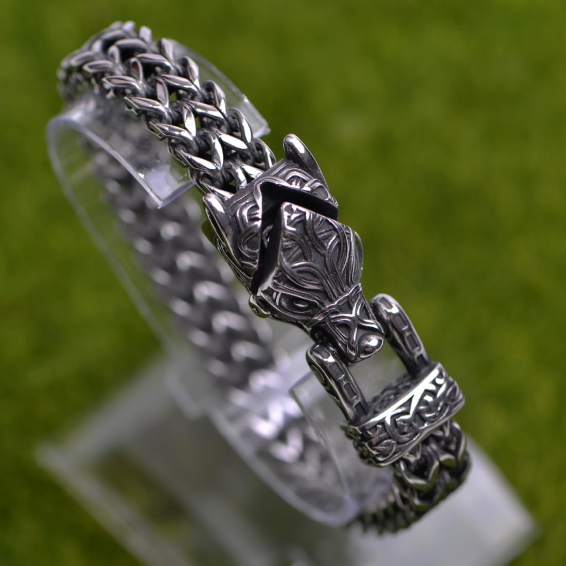 Norse Viking Wolf Bracelet Men's Stainless Steel Mesh Chain Can Open Wolf Mouth Bracelets Talisman Jewelry