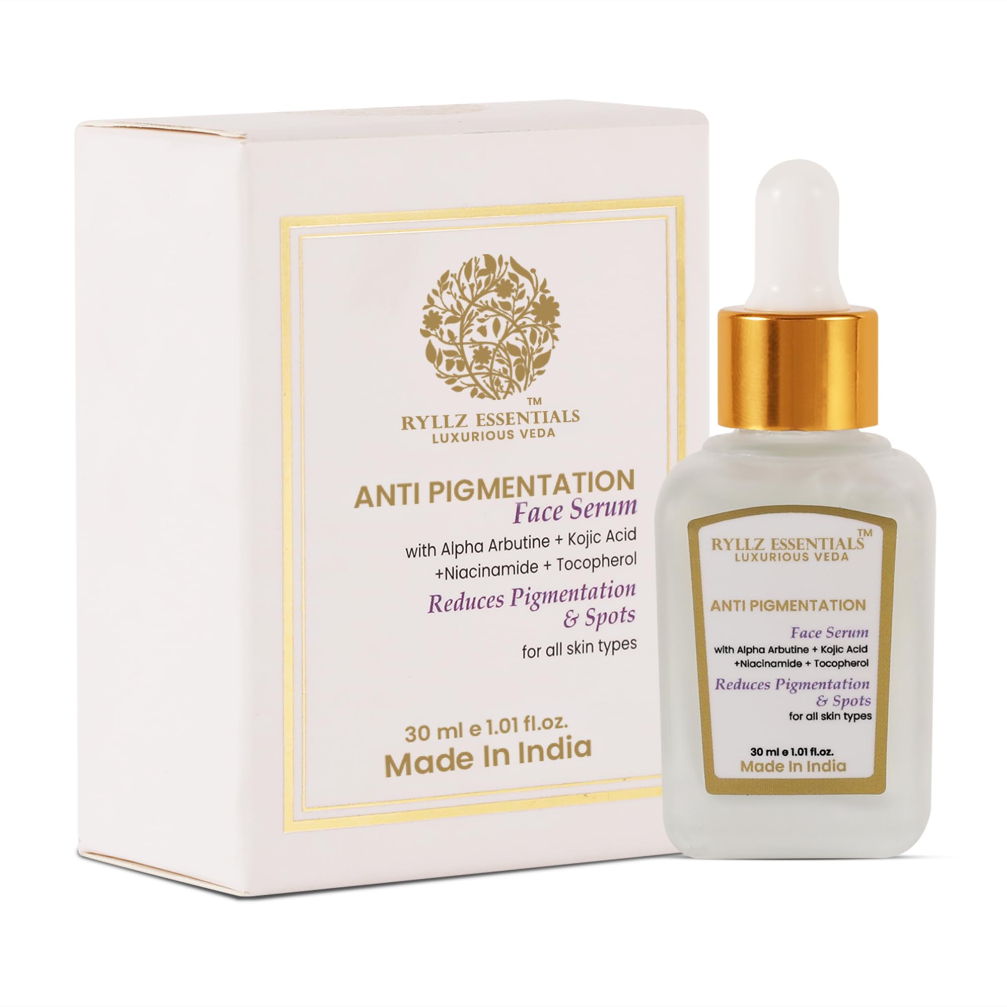 RYLLZ ESSENTIALS Anti-Pigmentation Face Serum | with 2% Alpha Arbutin, 2% Kojic Acid, 5% Niacinamide & Tocopherol | for Pigmentation, Blemishes, Acne Marks, Tanning & Dark Spots Removal | 30ml