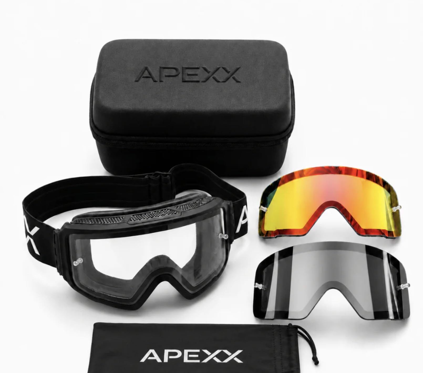 Apex Series™ Mountainbike-Brille, Schnellverschluss-Magnetlinsen-System, beschlagfrei und schlagfest, mit EVA-Gehäuse und 3 Gläsern (klar, Revo-Rot, Rauch) – entworfen von MTB-Fahrern