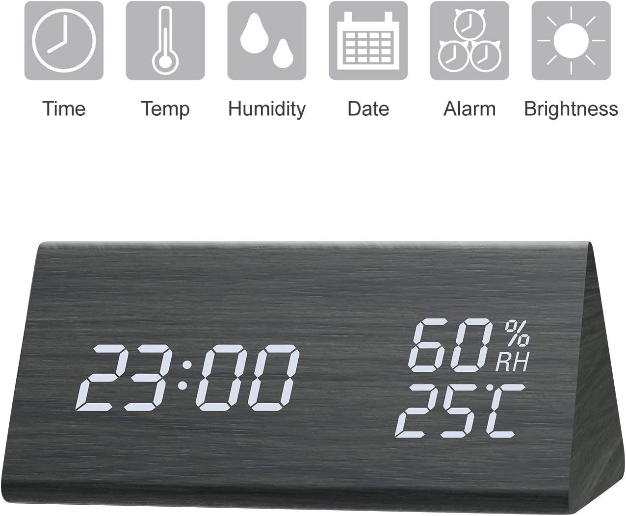 GEEKERS, Wooden LED Clock with Triple Alarms, 3 Levels Brightness Dimmer, Big Digit Display Date, Temperature and Humidity for Home Bedrooms, Black