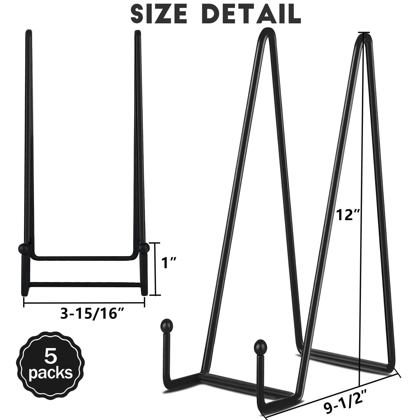 IBosins 5 Stück 30,5 cm Tellerhalter, Präsentationsständer, großer schwarzer Metallrahmen, Ständer für Bilder, Bücher, Foto-Staffelei, Kreation, Sammlerstücke