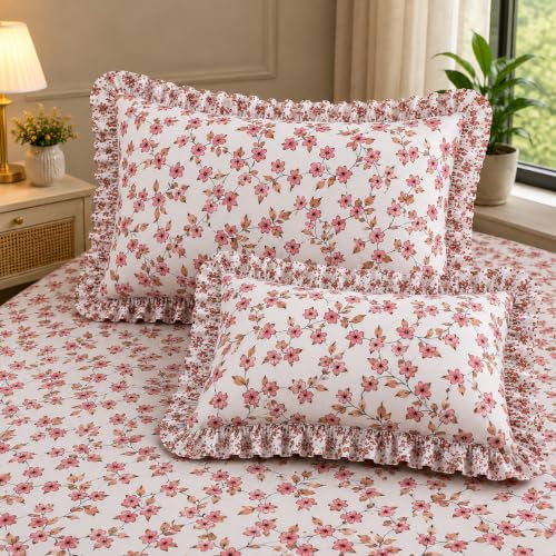Image of Fitted Bedsheet Queen Size 300 TC Soft Cotton Feel Microfiber All Around Elastic Fitted Double Bedsheet with 2 Frill Pillow Covers | Size (60x78)
