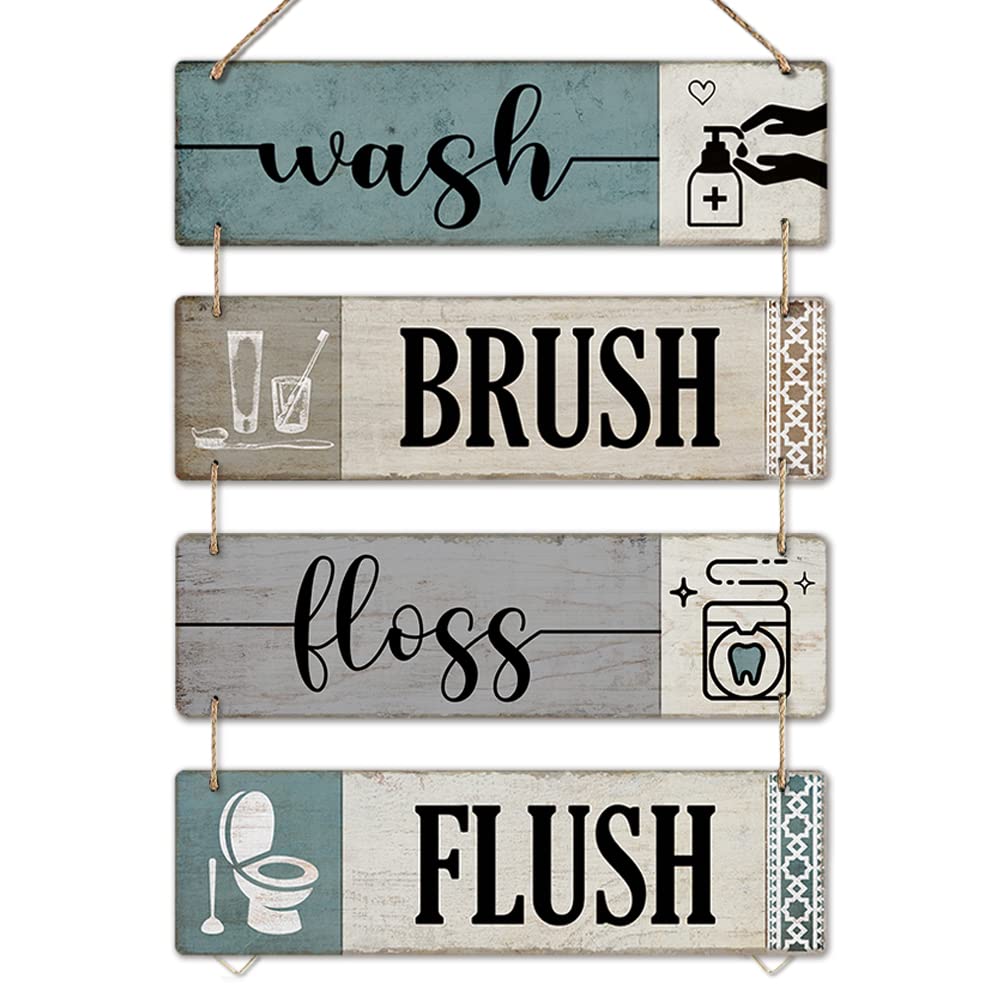 SAC SMARTEN ARTSBathroom Wall Decor Rustic Bathroom Wall Art Funny Bathroom Wall Hanging Sign - Wash Brush Floss Flush - 4 Pieces Wood Bathroom Decorations for Wall 13.8 x 4 inch