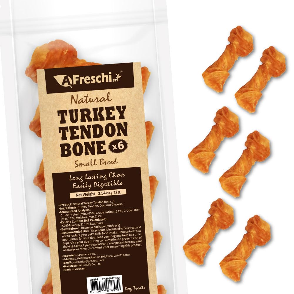 AFreschi Turkey Tendons for Dogs, USA-Sourced, Healthy Dog Treats, Rawhide-Free Puppy Chews, Long Lasting, All Natural, Hypoallergenic Dog Treats for Small Breeds, 6 Count Pack Bone (S)